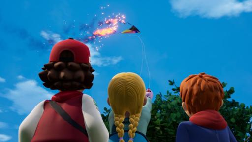 Rechte: KiKA/2024 Prism Art & Design Limited Drei Kinder beobachten, wie ihr Drachen am Himmel in Flammen aufgeht. Das Mädchen versucht mit der Drachenschnur die Kontrolle über ihn wiederzuerlangen.