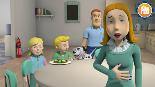 Schokolade macht Hunde krank | Rechte: KiKA/Prism Art & Design Limited Lizzy mit traurigem Blick, hält sich den Bauch. Im Hintergrund sind Sarah, James, Schnuffi und Sam vor einem Teller Schokoeier.