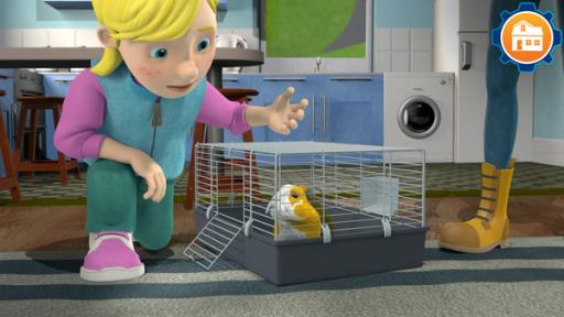 Entlaufene Meerschweinchen | Rechte: KiKA/Prism Art & Design Limited Sarah kniet neben einem Nagetierkäfig in dem sich ein Meerschweinchen befindet.
