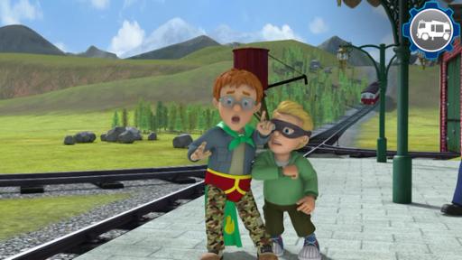 Vorsicht an Bahngleisen | Rechte: KiKA/Prism Art & Design Limited Norman und James rangeln am Bahnsteig, Norman hebt warnend den Finger. Zug im Hintergrund.