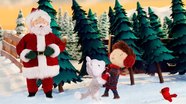Andrew mit seinem besten Freund, dem kleinen Husky Jingle, dabei auch der Weihnachtsmann und der kleine rote Vogel. | Rechte: KiKA/2011 Hallmark Licensing, Inc.