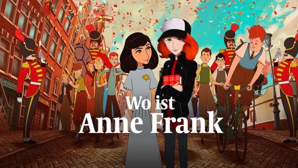 Anne Frank und Kitty stehen mit Anne Franks Tagebuch auf einer Straße, umgeben von Menschen und Konfetti. 