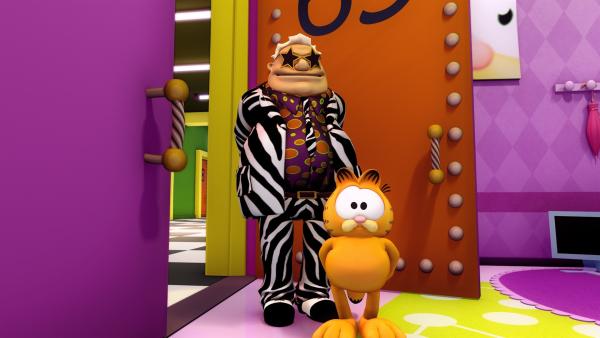 Garfield unterbricht den Dreh an dieser Episode und läuft schnurstracks in das Büro seines Produzenten, da er mit den eingespielten Lachern nicht einverstanden ist. | Rechte: HR/DARGAUD MEDIA