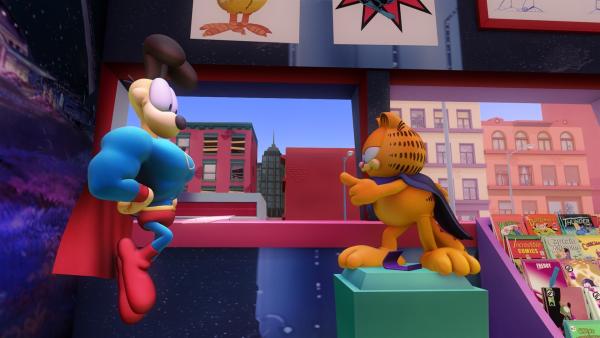 Jon, Garfield und Odie werden Zeugen eines dreisten Raubes im Comicladen. Es ist Zeit für Garfield und Odie, alias "Rächer mit dem Umhang" und "Schlabberzunge", für Recht und Ordnung zu sorgen. | Rechte: HR/DARGAUD MEDIA