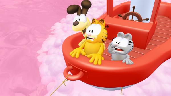 Damit das Baden nicht so langweilig ist, lässt Garfield seine Fantasie spielen und geht zusammen mit Odie und Nermal auf eine abenteuerliche Reise | Rechte: HR/DARGAUD MEDIA