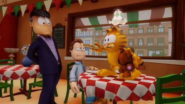 Der Industrielle Mr. Allwork spricht Jon an, da er sich Garfields Teddy Pooky ausleihen möchte, um Duplikate von Pooky herzustellen. | Rechte: HR/DARGAUD MEDIA