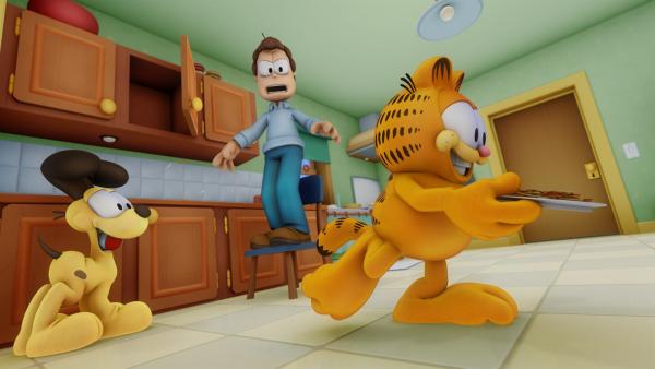 Jon, Garfield und Odie sind schnell schwer entnervt von Doug Boys Anwesenheit. | Rechte: HR/Dargaud Media/MediaToon/Paws Inc./France 3