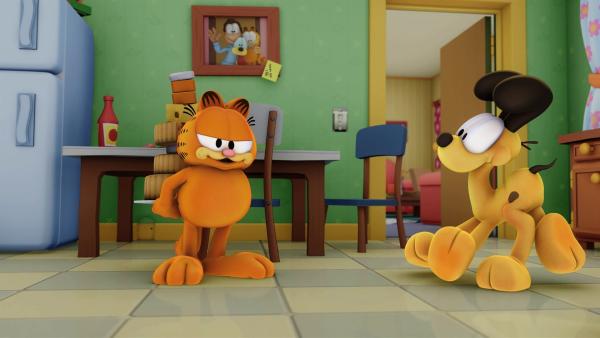 Garfield und Odie haben alle Mäuse in Jons Haus eingesperrt, sodass Garfield weiter faul herumliegen kann und sie nicht jagen muss. | Rechte: hr/MediaToon
