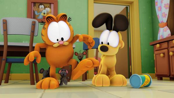 Garfield und Odie werden von den Nagetieren überrannt, die das ganze Haus als Lager für ihre Beutezüge in der Nachbarschaft missbrauchen. | Rechte: hr/MediaToon