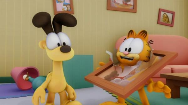 Garfield fürchtet sich vor dem Nachbarsjungen Nathan, der sich in einen Geist verwandelt hat. | Rechte: HR/DARGAUD MEDIA