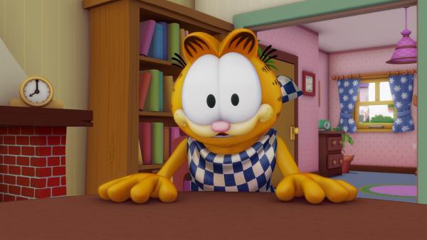 Garfield ist zu dick, das sagt jedenfalls die neue sprechende Waage von Liz. Er kriegt eine Diät verordnet. | Rechte: HR/DARGAUD MEDIA