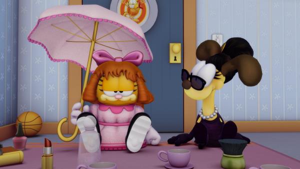 John, Drusilla und Minerva schminken Garfield und Odie und verkleiden sie als Damen. | Rechte: HR/DARGAUD MEDIA