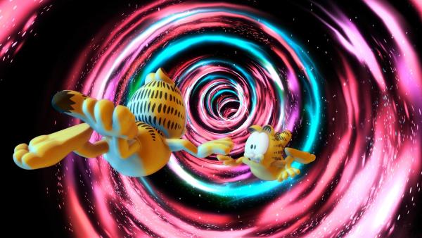 An einem ganz normalen Tag wird Garfield plötzlich in einen merkwürdigen Strudel gezogen und landet in einem Paralleluniversum. | Rechte: HR/DARGAUD MEDIA
