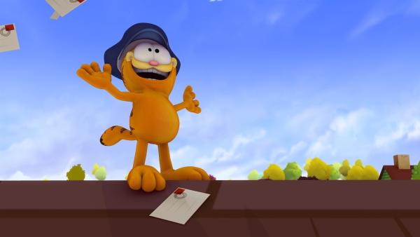 Der Briefträger, der in Garfields Straße die Post austrägt, fährt in den Urlaub. Vorher warnt er noch seine Urlaubsvertretung eindringlich vor Garfield, der liebend gerne Postboten quält. | Rechte: HR/DARGAUD MEDIA