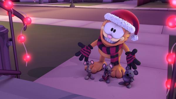 Garfield macht sich auf, um sich mit Weihnachtsliedern ein paar Süßigkeiten zu verdienen. | Rechte: HR/DARGAUD MEDIA