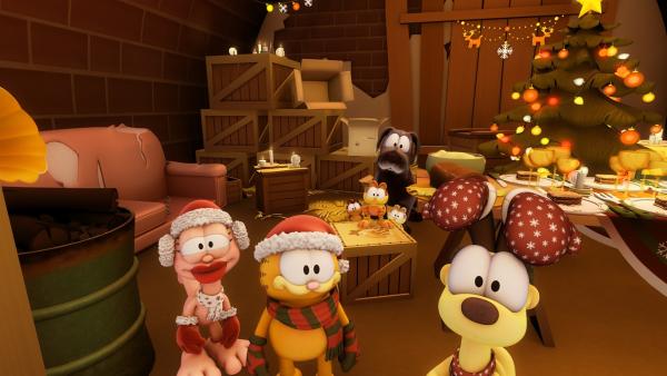 Mit Arlene richten Garfield und Odie ein weihnachtliches Festessen für streunende Hunde in der Nachbarschaft aus. | Rechte: HR/DARGAUD MEDIA