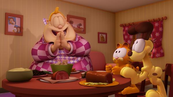 Garfield hungert, denn Jons Besuch scheint ähnlich viel zu verdrücken wie der Kater. | Rechte: HR/DARGAUD MEDIA