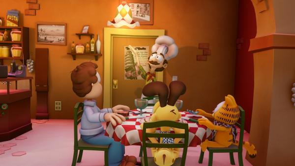 Garfield und Odie verkleiden sich als Jons Töchter, um in die Pizzeria zu kommen, in der Jon mit Liz zu Abend isst. | Rechte: HR/DARGAUD MEDIA
