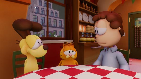 Odie, Garfield und Jon (v.l.n.r.) sind niedergeschlagen, weil Vito sein Talent zu Kochen verloren hat. | Rechte: HR/DARGAUD MEDIA
