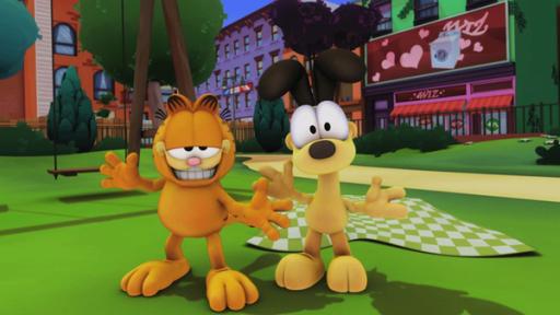 Ein grinsender Garfield steht mit Odie im Park.