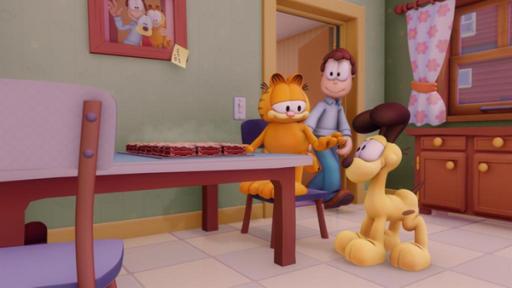 Garfield, Jon und Odie mit Lasagne in der Küche.