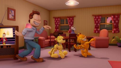 Jon, Odie und Garfield tanzen im Wohnzimmer.