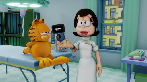 Garfield sitzt bei Liz in der Tierarztpraxis.