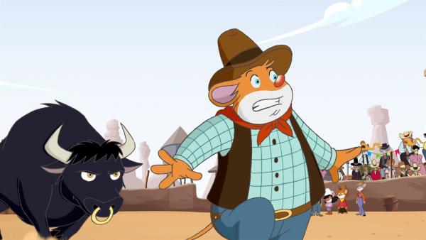 Effeff flüchtet vor dem wilden Bullen auf dem Rodeo von Kaktus-City. | Rechte: hr/Atlantyca Entertainment/Moonscoop