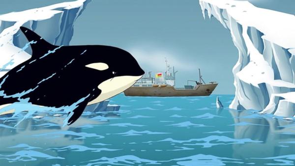 Ein Killerwal greift das Forschungsschiff an, auf dem die Stiltons in die Antarktis fahren. Warum? | Rechte: HR/Atlantyca Entertainment/Moonscoop/M6/RAI Fiction