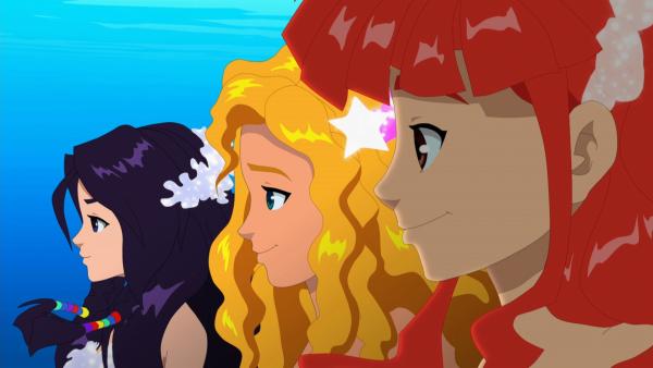 Die drei Meerjungfrauen Cleo, Emma und Rikki (v.l.n.r.) sind auf der Suche nach der Ursache des schrillen Tons. | Rechte: ZDF/Les Cartooneurs Associés