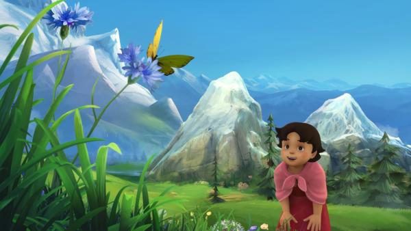 Heidi verfolgt einen Schmetterling. | Rechte: ZDF/Studio 100 Animation/Heidi Productions Pty. Limited