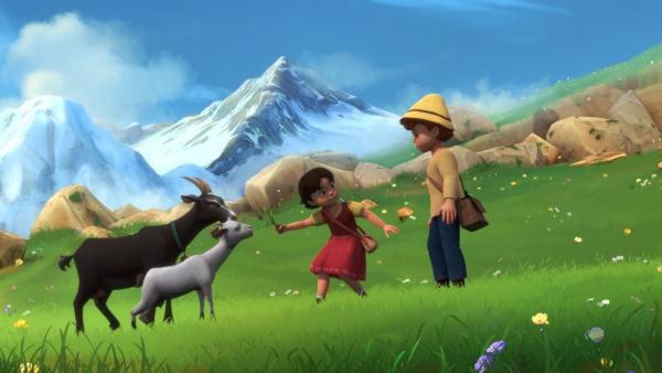 Heidi zeigt Peter, wie ihr die Ziegen gehorchen. | Rechte: ZDF/Studio 100 Animation/Heidi Productions Pty. Limited