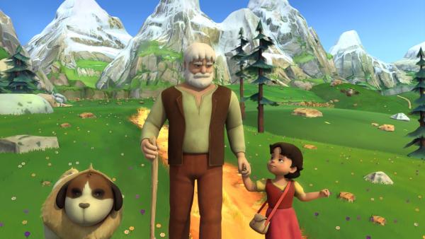 Großvater und Heidi gehen überglücklich mit Josef nach Hause. | Rechte: ZDF/Studio 100 Animation/Heidi Productions Pty. Limited