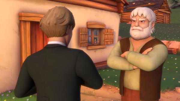 Heidi beobachtet ein Gespräch zwischen dem Dorflehrer und Großvater. | Rechte: ZDF/Studio 100 Animation/Heidi Productions Pty. Limited