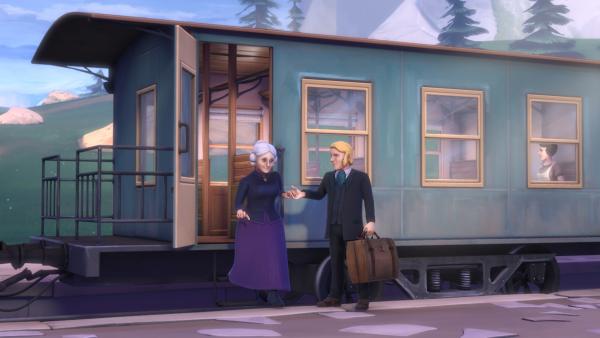 Herr Sesemann und Claras Großmutter steigen beim Dörfli aus dem Zug. | Rechte: ZDF/Studio 100 Animation/Heidi Productions Pty. Limited