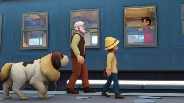 Heidi schaut aus dem Zugfenster: Großvater, Peter und Hund Josef verabschieden sie auf dem Bahnsteig. | Rechte: ZDF