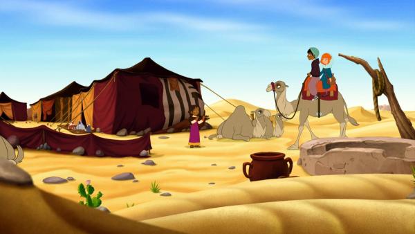 Der junge Beduine Abu bringt Lilli auf dem Kamel in das Stammeslager. | Rechte: WDR