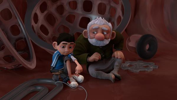 Zak und Gramps überlegen, wie sie sich aus dem Fischmagen befreien können. | Rechte: KiKA/One Animation PTE LTD.