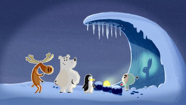 Inui und ihre Freunde, Hubert, der schusselige Elch, Grumpel, der brummige, aber sehr starke Bär, und die Pinguindame Lissy, wollen sich das wunderschöne polare Nordlicht anschauen, das nur in ganz wenigen Nächten zu sehen ist. Dafür sind sie abends auf einen Berg marschiert und unternehmen nun alles, um wach zu bleiben. | Rechte: ZDF/JEP Animation