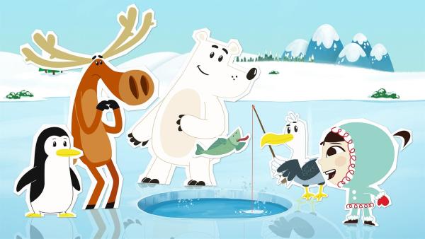 Inui und ihre Freunde, die Pinguindame Lissy, der schusselige Elch Hubert, der brummige, aber sehr starke Bär Grumpel und die Möwe Albert versuchen, an einem Eisloch Fische zu fangen. Doch die sind einfach zu klug und lassen sich nicht fangen. | Rechte: ZDF/JEP Animation