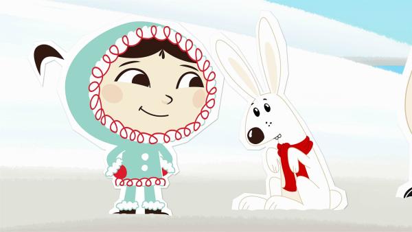 Inui hat Siggy Schneehase ihren roten Schal geschenkt. Der steht ihm wirklich ziemlich gut - und darauf ist er stolz. | Rechte: ZDF/JEP Animation
