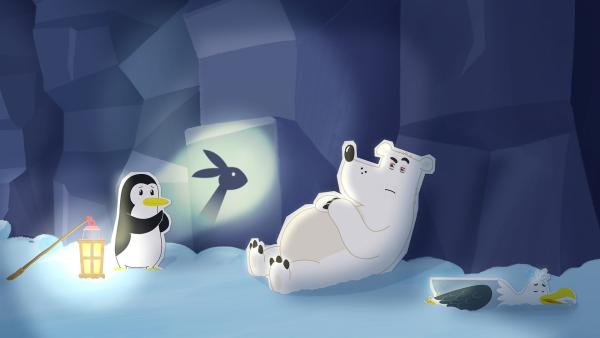 Selbst ein märchenhaftes Schattenspiel von Pinguin Lissy kann den Eisbären Grumpel nicht richtig ermüden. Er ist zwar total erschöpft, aber der letzte Kick zum endgültigen Einschlafen gelingt ihm doch nicht. | Rechte: ZDF und JEP-Animation GmbH
