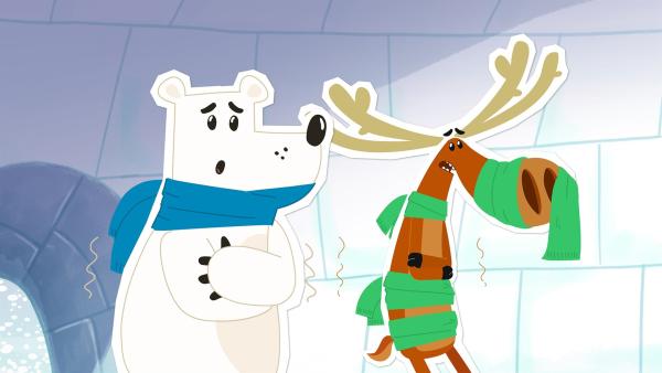 Dass der Elch Hubert friert, kann ja schon mal vorkommen. Aber es muss schon wirklich sehr, sehr kalt sein, wenn es sogar dem Nordpolbären Grumpel in seinem dichten Fell zu viel ist. Beide stehen klappernd in Inuis Iglu, weil dort unglücklicherweise der Ofen ausgefallen. Was sollen sie tun? | Rechte: ZDF und JEP-Animation GmbH