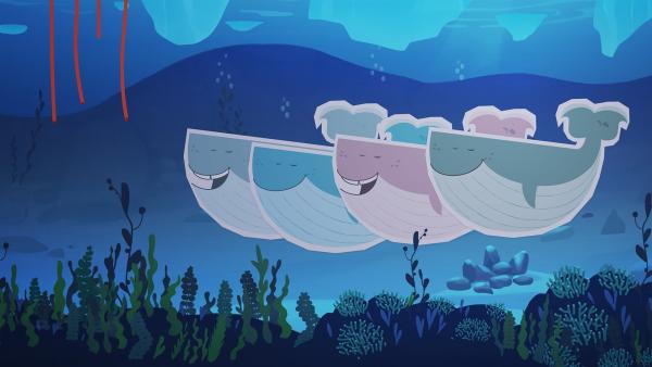 Die Waldame Wiebke und ihre Freundinnen haben einen Unterwasser-Chor gegründet. Nun geben sie voller Hingabe ihr erstes Walgesang-Konzert. Mit Hilfe von  roten Gummischläuchen (l.o.) können auch Inui und ihre Freunde etwas davon hören. | Rechte: ZDF und JEP-Animation GmbH