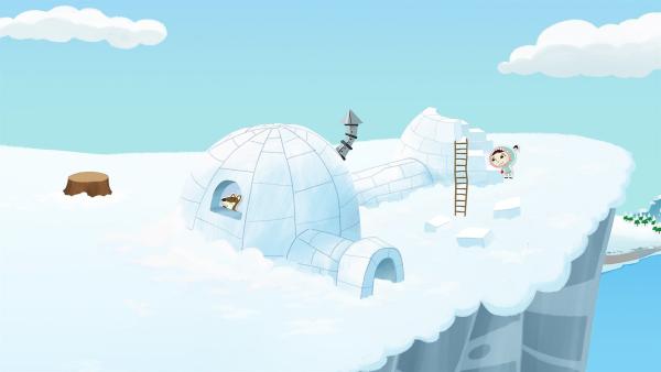 Das großspurige Wiesel Johnny hat Inui überredet, auf einer Eisklippe eine Art Iglu-Plast zu bauen. Inui lässt sich auf die Errichtung ein, ist aber gleichzeitig skeptisch. | Rechte: ZDF und JEP-Animation GmbH