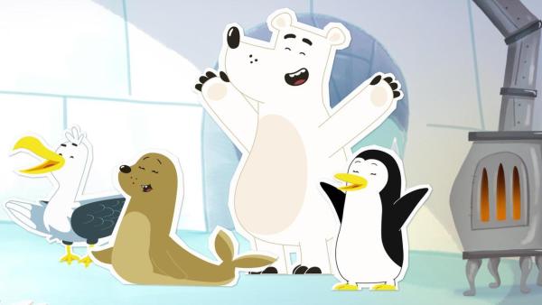 Eisbär Grumpel und seine Freunde freuen sich. | Rechte: ZDF