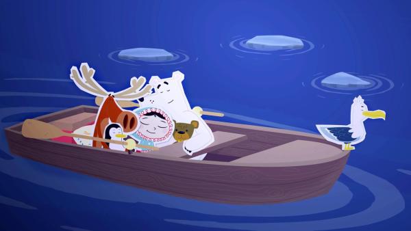 Inui und ihre Freunde umarmen sich in einem Boot. Das Mondlicht scheint auf sie hinab. | Rechte: ZDF