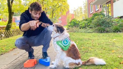 Assistenzhund für Gehörlose | Jason stellt mit Assistenzhündin Davina die Quizfrage.