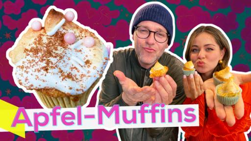 Rechts Ben und Sarah die kleine Muffins in die Kamera halten. Links daneben ein großes Bild von einem Muffins mit Baiser-Haube, Glitzer und Zuckerperlen. Aufschrift links: Apfel-Muffins