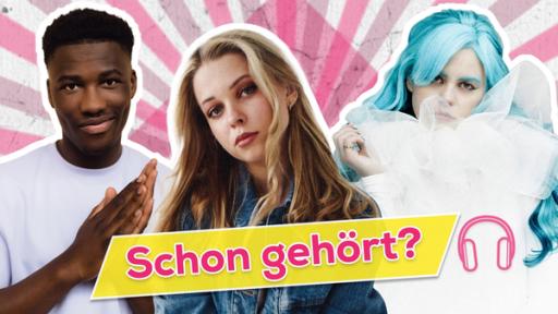 Links ist ein Bild von Claude, in der Mitte von KATI K und rechts von Kings Elliot. In der Mitte ist ein gelber Banner mit pinker Aufschrift "Schon gehört?".